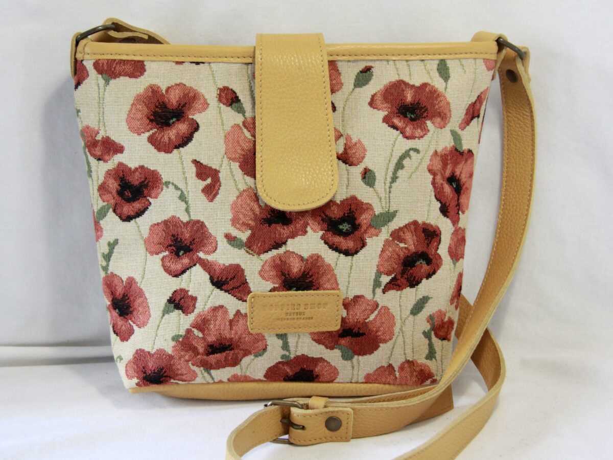 Sac à main en jacquard floral avec motifs de coquelicots, anses en cuir jaune. Artisanat français.