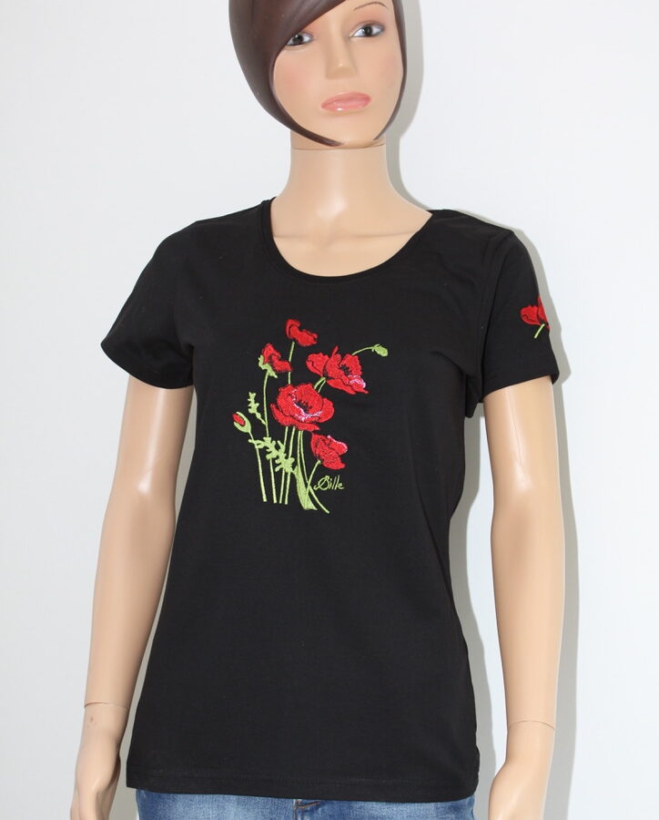 T-shirt noir en coton avec broderie de coquelicots, présenté sur un mannequin.