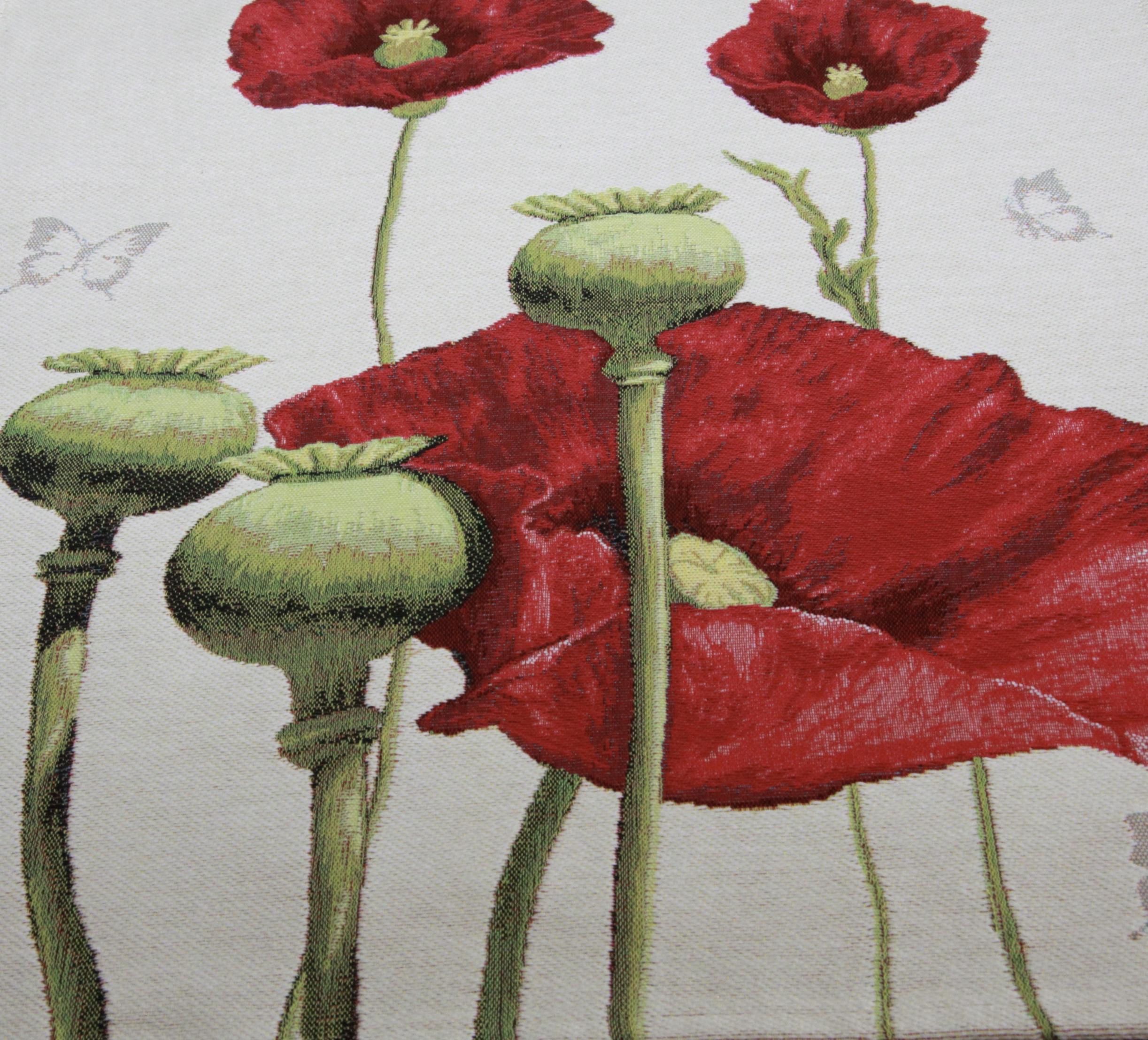 Tissu jacquard représentant des coquelicots rouges et des têtes de pavot sur fond crème, création de l’artiste Sqille.
